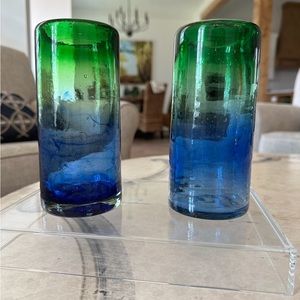Two Vintage Drinking Glasses Mexican Blown Glass, Tumblers Two Tone Green Blue